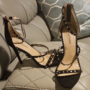 Qupid Black Strappy Heels with Silver Studs